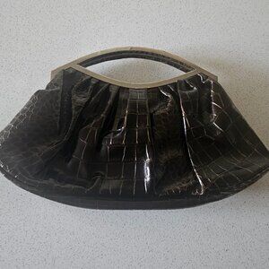 Nine West Crocodile leather Dark Chocolate Brown Steel handle Clutch Bag